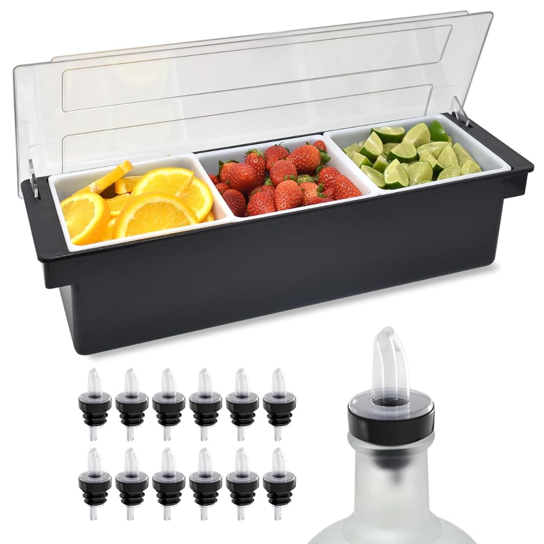 Black Condiment Holder 3 - 1 Quart Inserts with 12 Pourers & 12 Pourer Covers & 1 Muddler