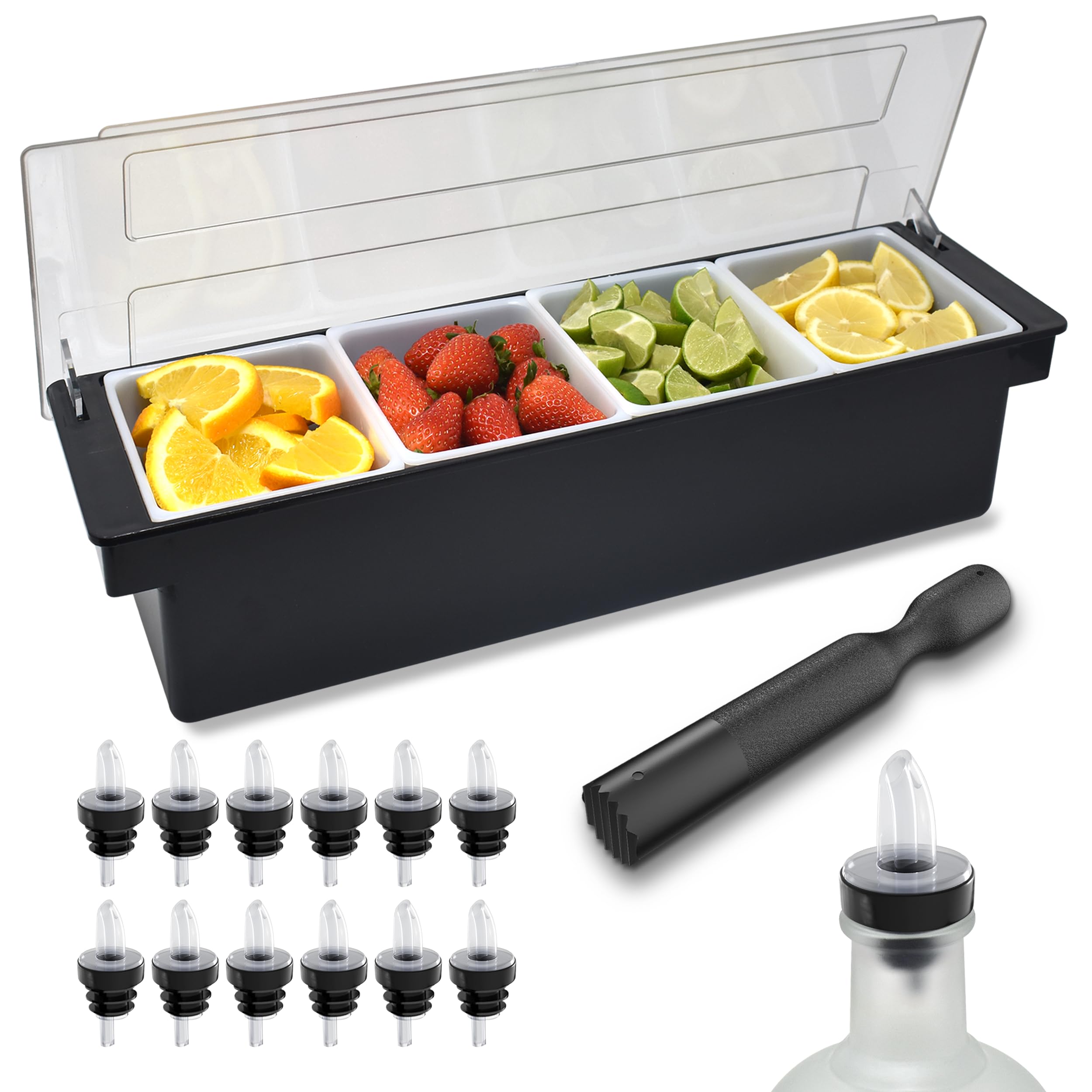 Black Condiment Holder 4 - 1.5 Pint Inserts with 12 Pourers & 12 Pourer Covers & 1 Muddler