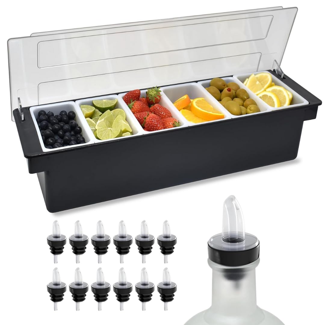 Black Condiment Holder 6 - 1 Pint Inserts with 12 Pourers & 12 Pourer Covers & 1 Muddler
