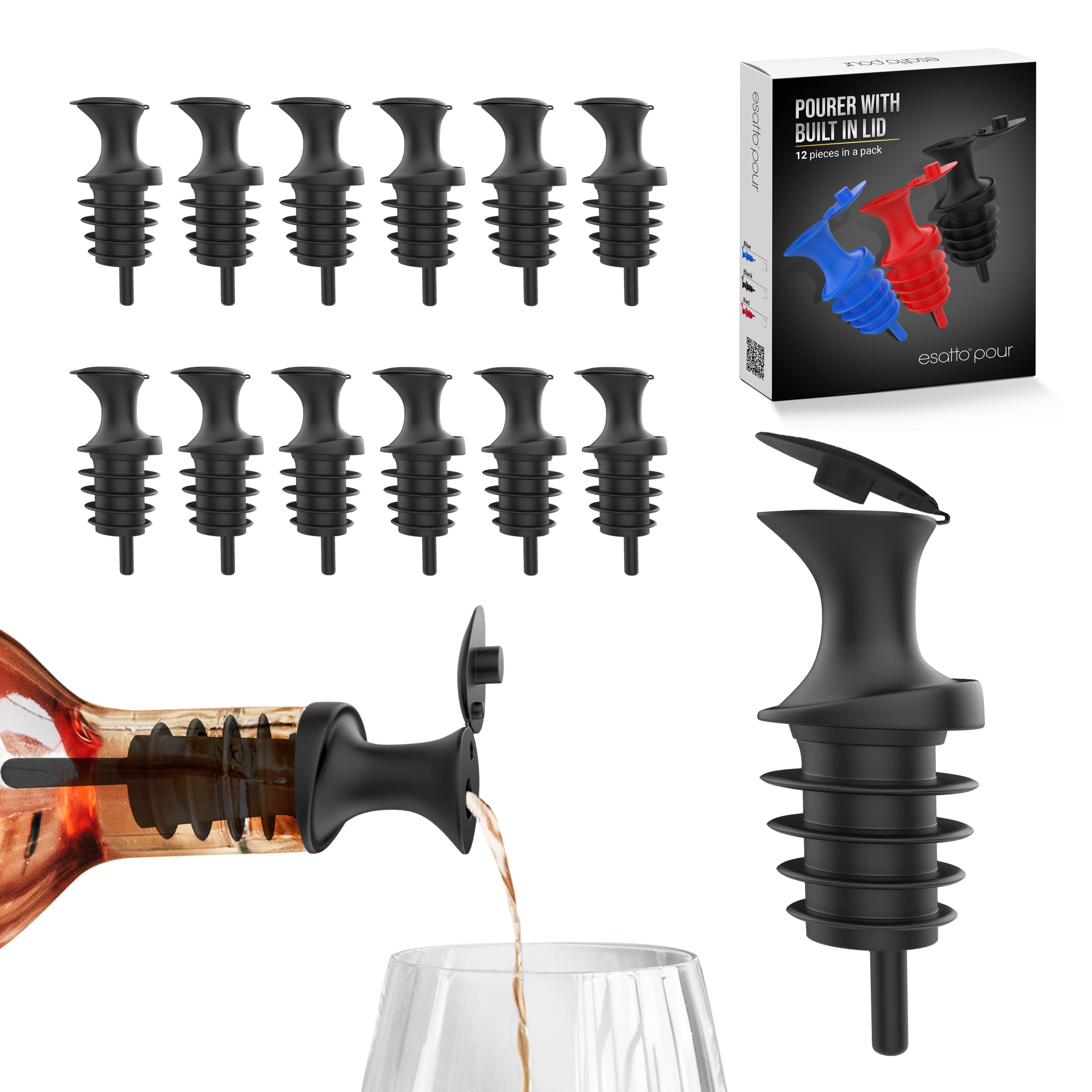 Plastic Pourer With Lid, Pack Of 12 Pieces, Black