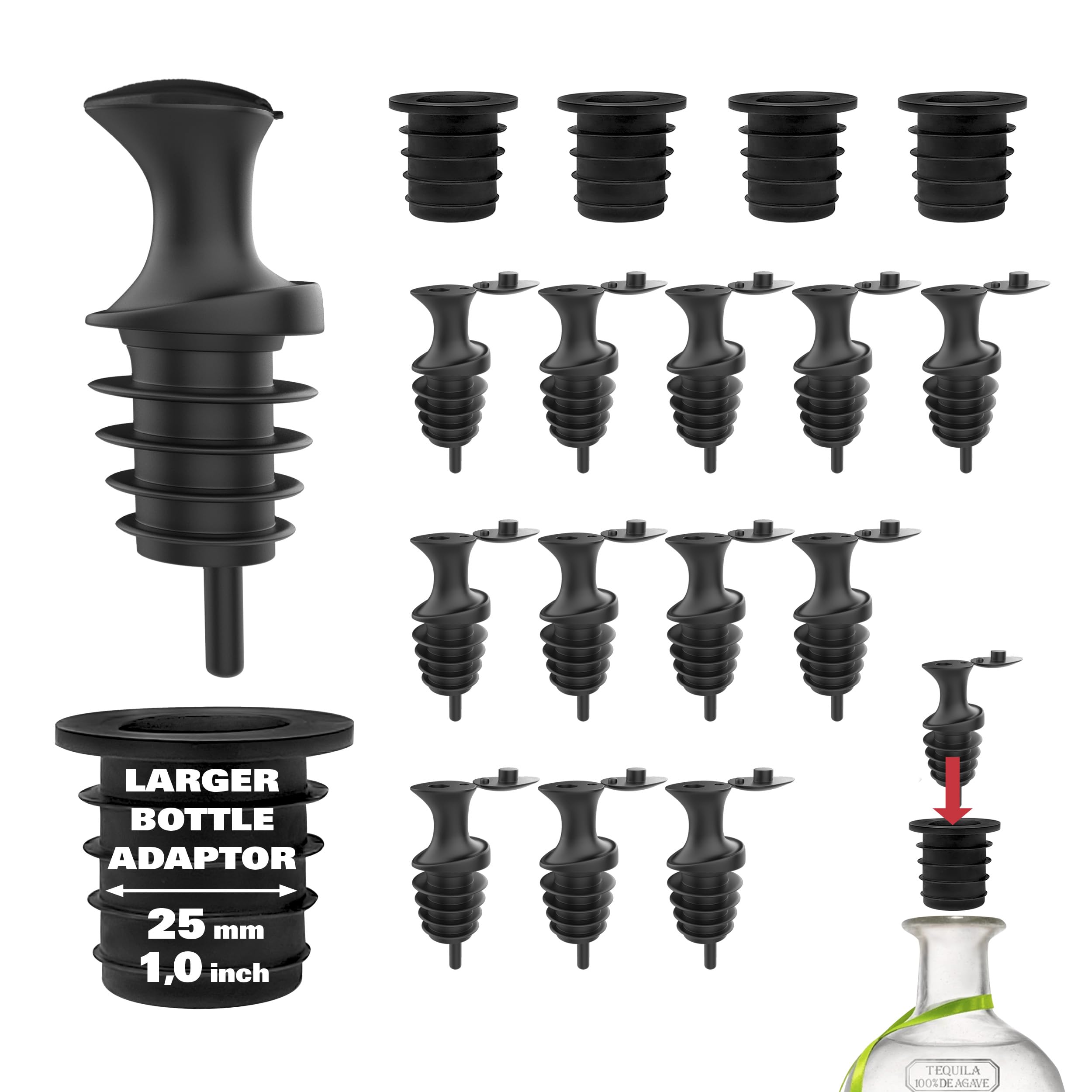 Pourer P&s, Black 12 Pieces With 4 Cork Adapters Included