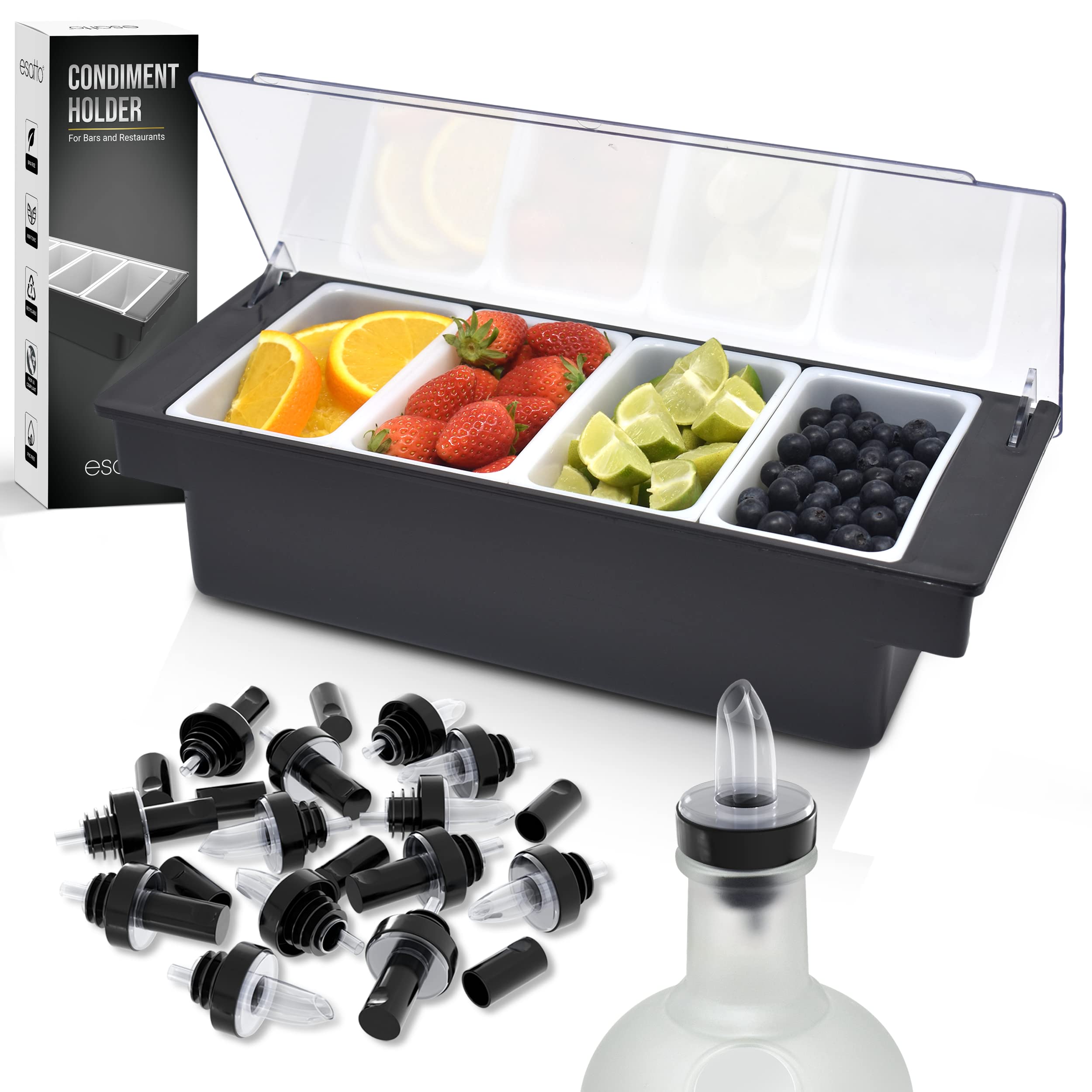Small Condiment Holder With 4 - 1 Pint Inserts, 12 Pourers & 12 Pourer Covers, Black