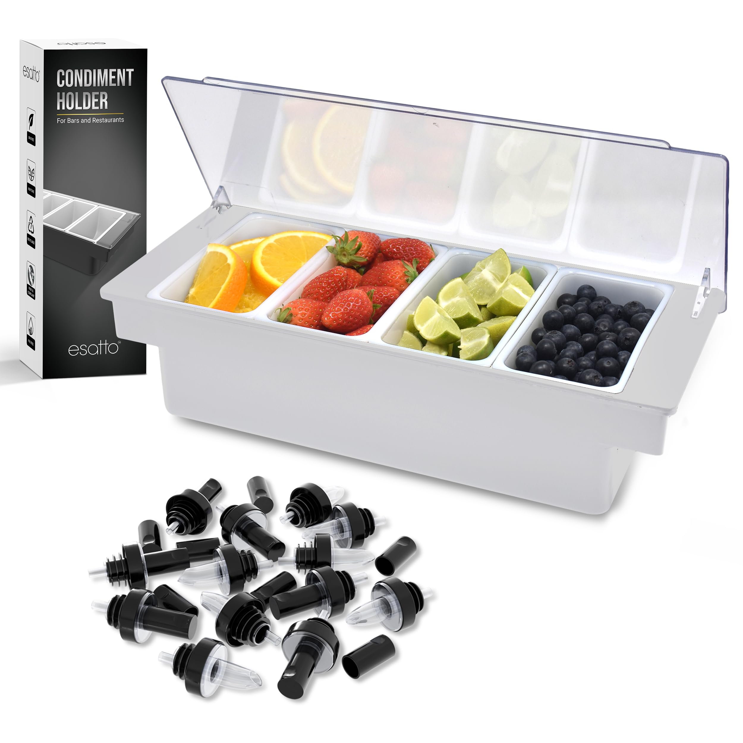 Small Condiment Holder With 4 - 1 Pint Inserts, 12 Pourers & 12 Pourer Covers, Gray
