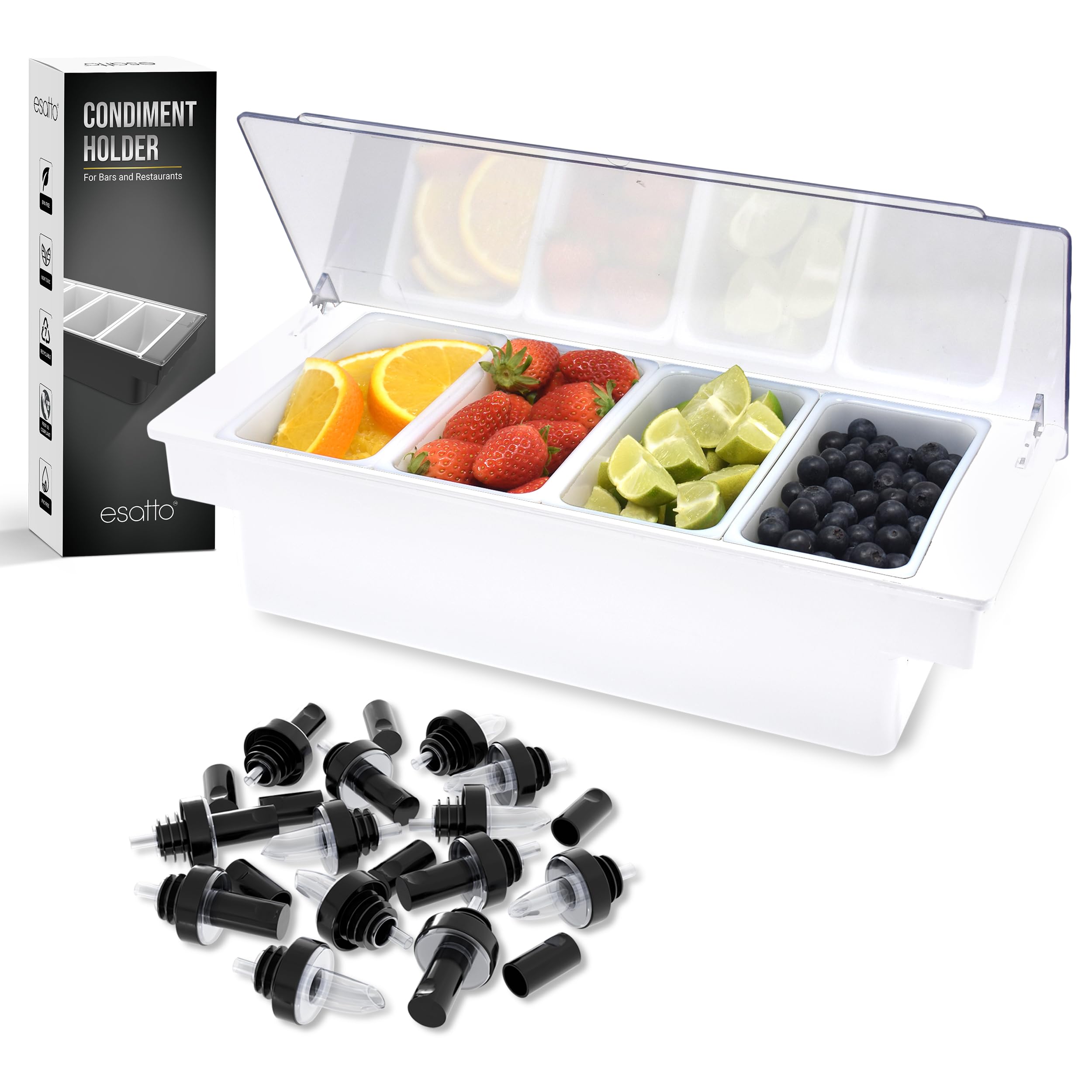 Small Condiment Holder With 4 - 1 Pint Inserts, 12 Pourers & 12 Pourer Covers, White