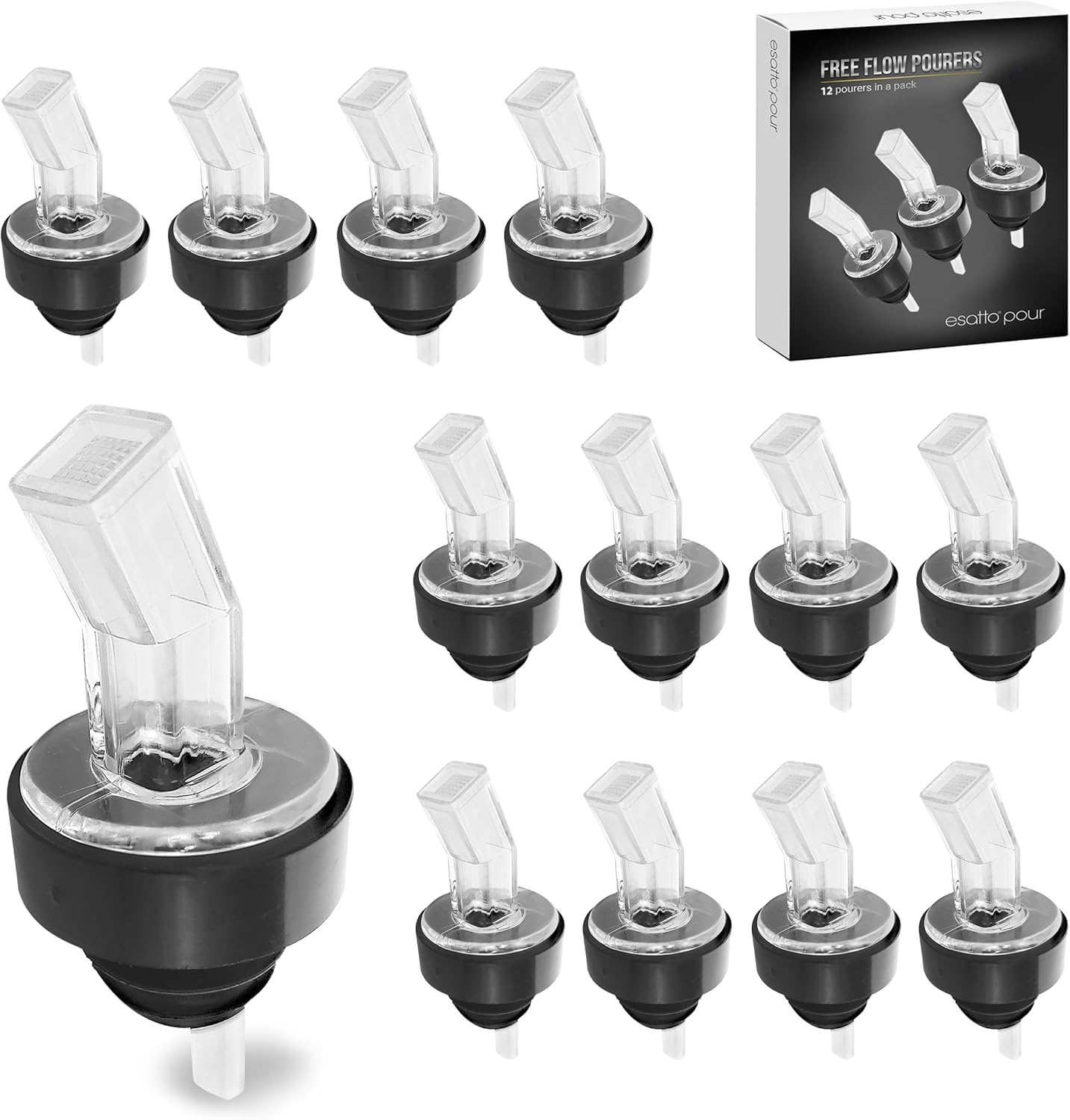 Esatto screen pourer — a clear free-flow liquor pour spout with a built-in mesh screen