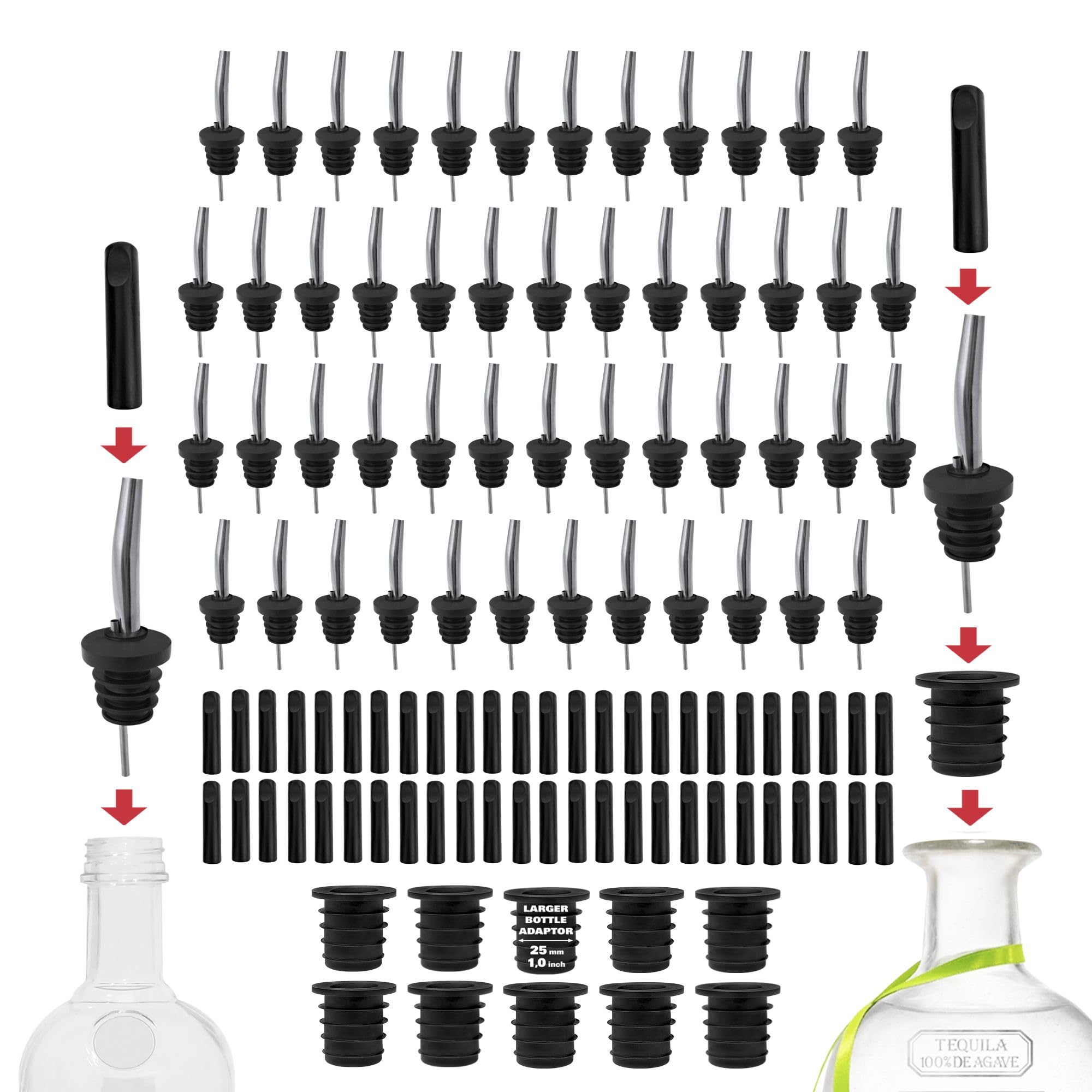 50-Pack Stainless Steel Liquor Pourers with Dust Caps, Chrome