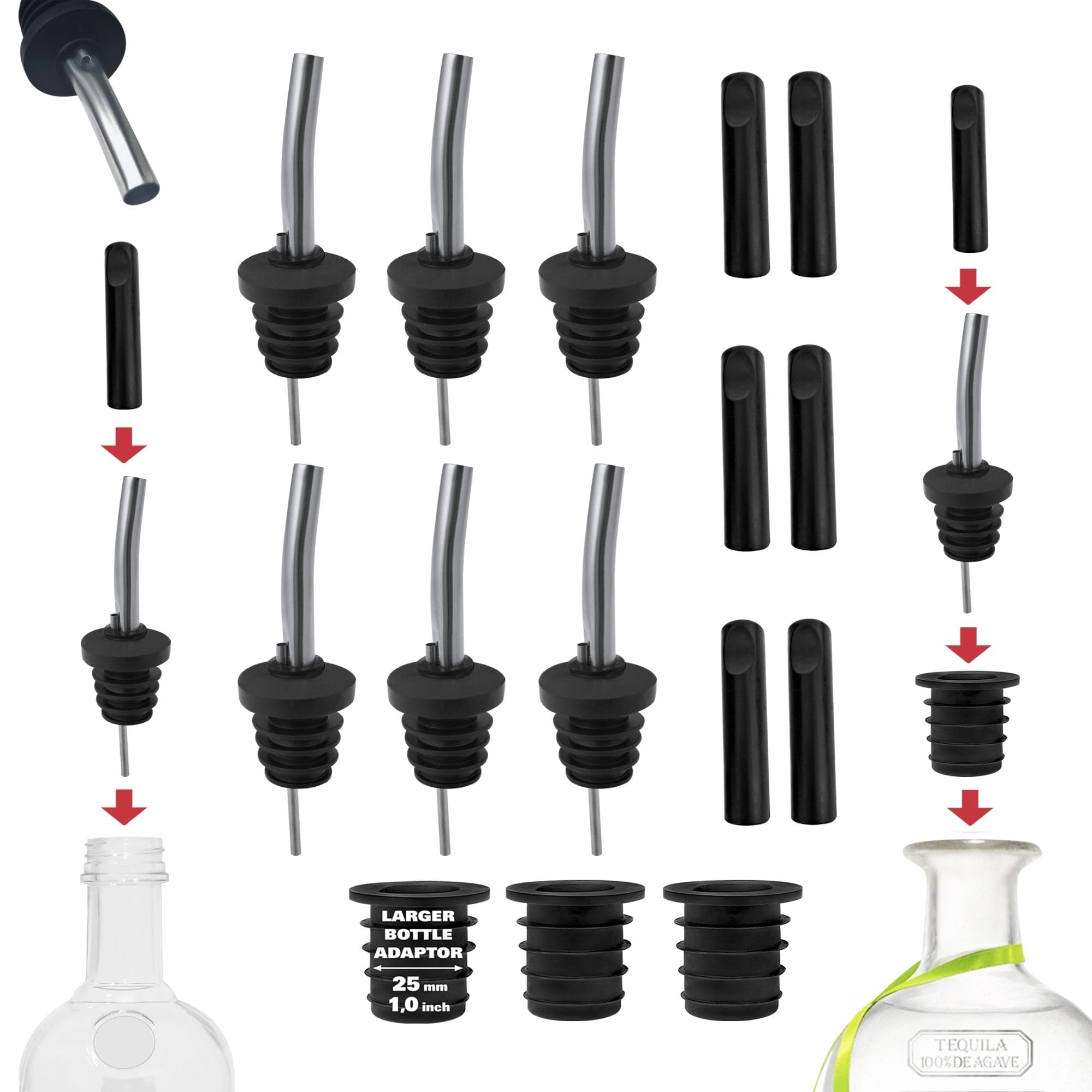 6-Pack Fast Flow Metal Liquor Pourers with Dust Caps