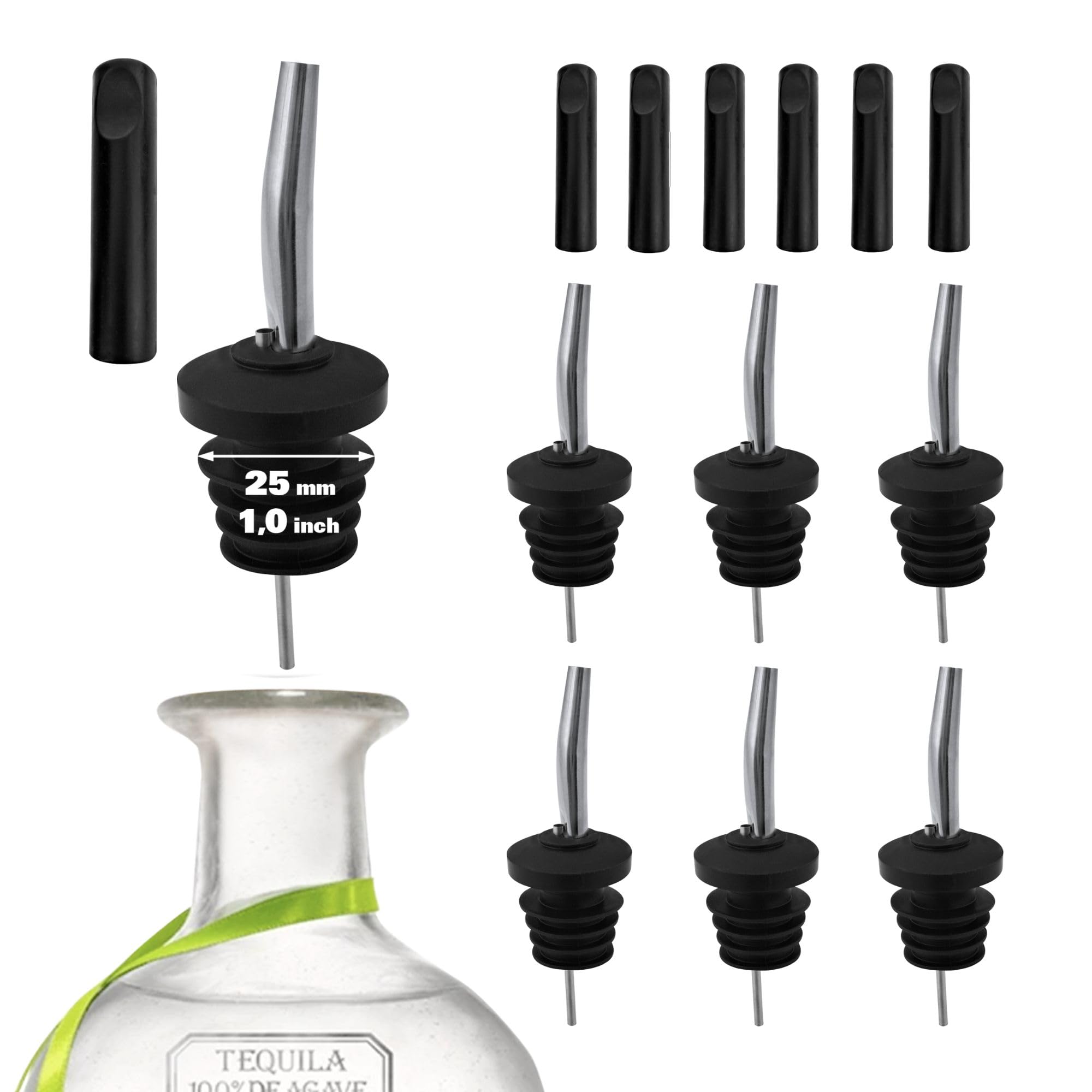 6-Pack Stainless Steel Liquor Pour Spouts with Hinged Lids